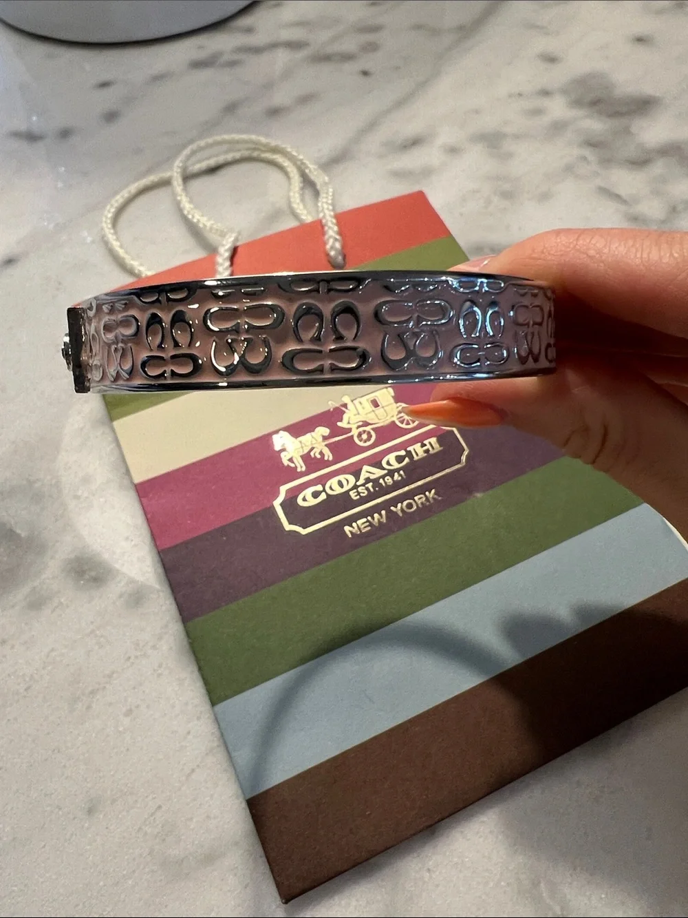 Coach Signature Enamel Bangle Bracelet Pink & Silver Like New